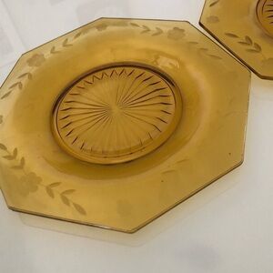 VTG Set of 4 Amber Marigold Etched Depression Glass Octagonal Plates (4)